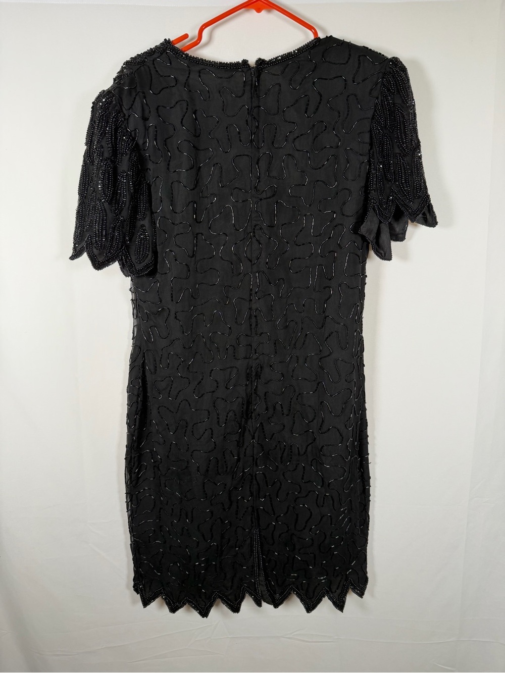 Vintage 80s Laurence Kazar Black Silk Beaded V-Neck Cocktail Mini Dress - Picture 7 of 10